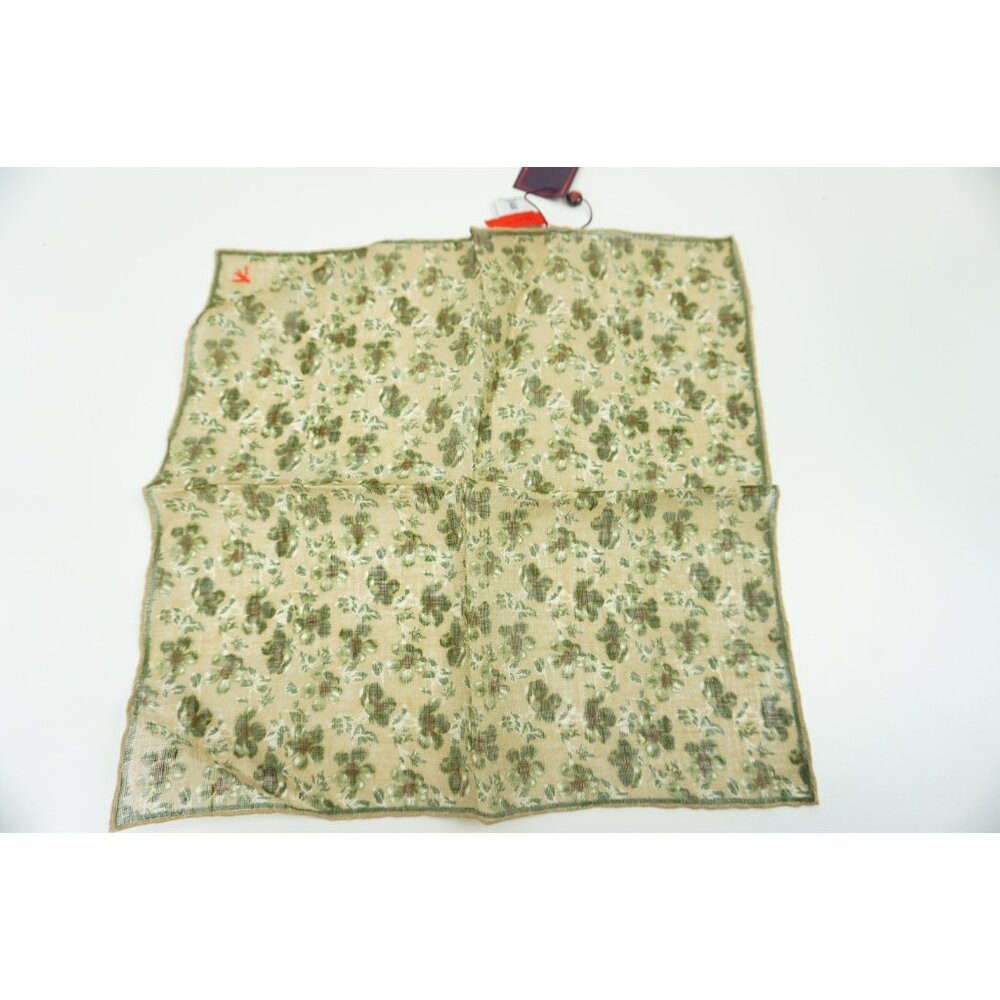 Isaia Linen Beige Green Floral Pocket Square NEW